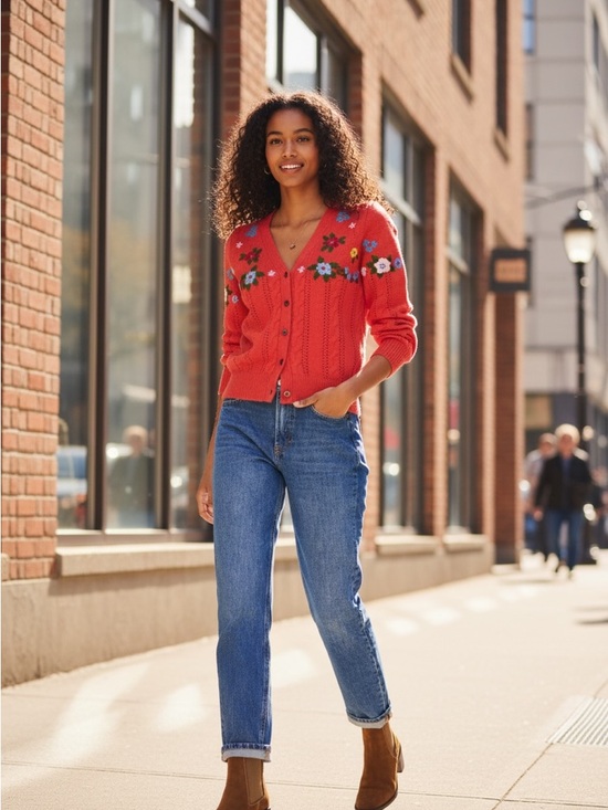 Boden Sweaters - Boden Coral Knit Cardigan with Embroidered Floral Detail